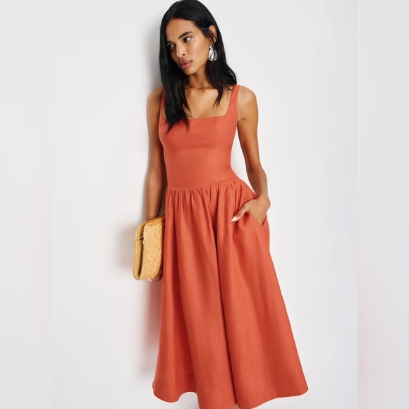Reformation Dresses & Skirts - NEW Reformation Janu Midi Linen Dress Red Coral Orange | US 0 UK 4
